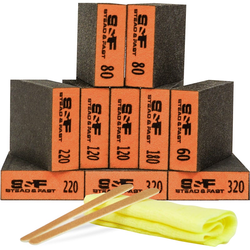 S&F STEAD & FAST Sanding Block 10 pcs with Tack Cloth, 60 80 120 180 220 320 Coarse Medium Fine Grit Sanding Sponge Assortment, Sanding Sponges for Wood Drywall Metal by S&F STEAD & FAST - Image 1